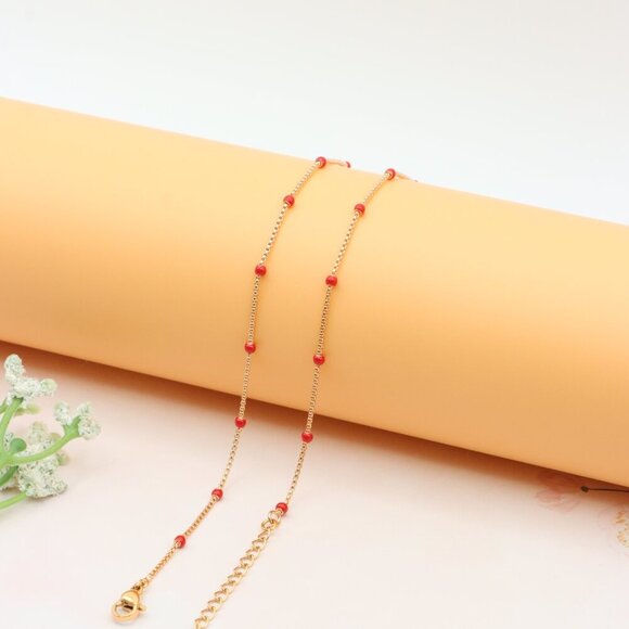 "Rose Gold Dainty Red Bead Necklace with Adjustable Chain, XPNL0274 - Picture 10 of 12